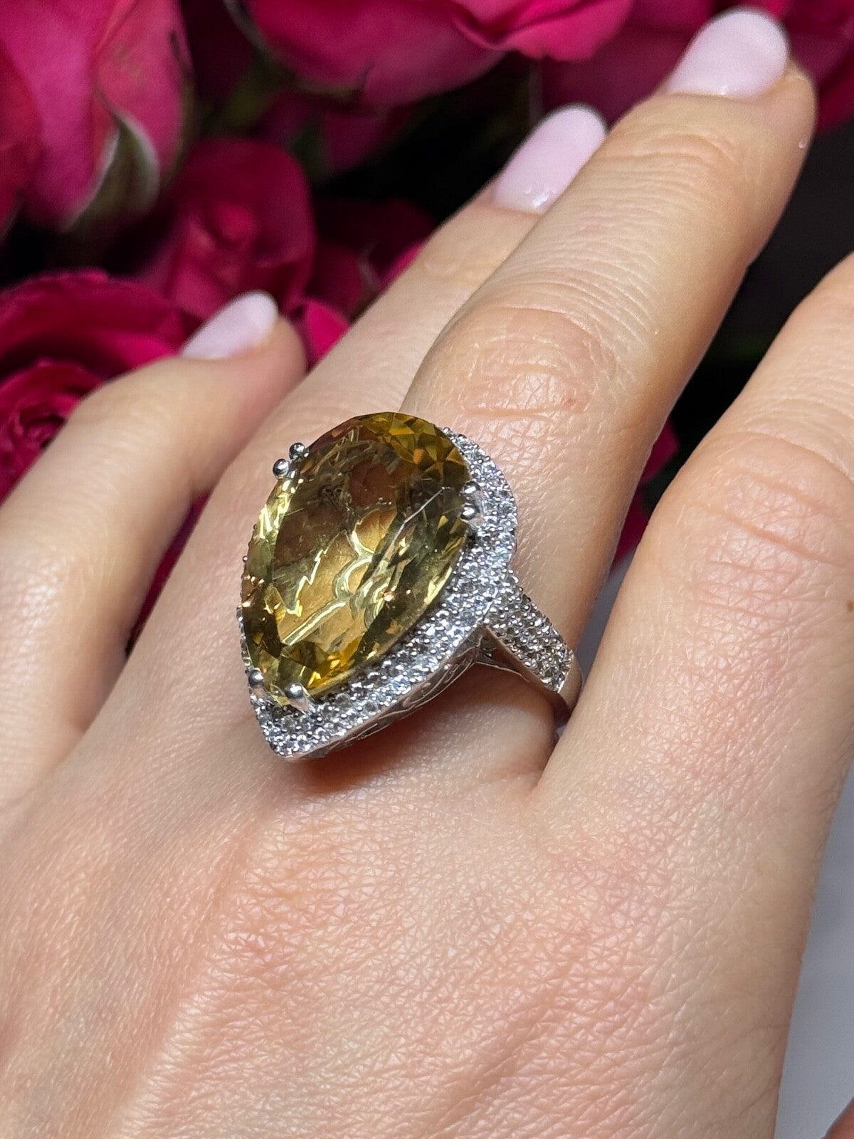 925 Sterling Silver Citrine & Beryl Ring Size 8.5