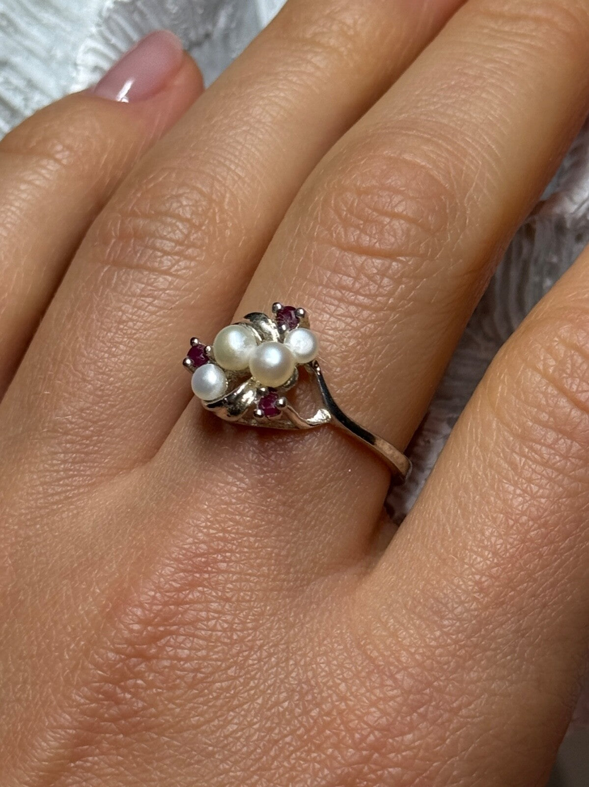 925 Sterling Silver Pearls & Ruby Ring Size 8
