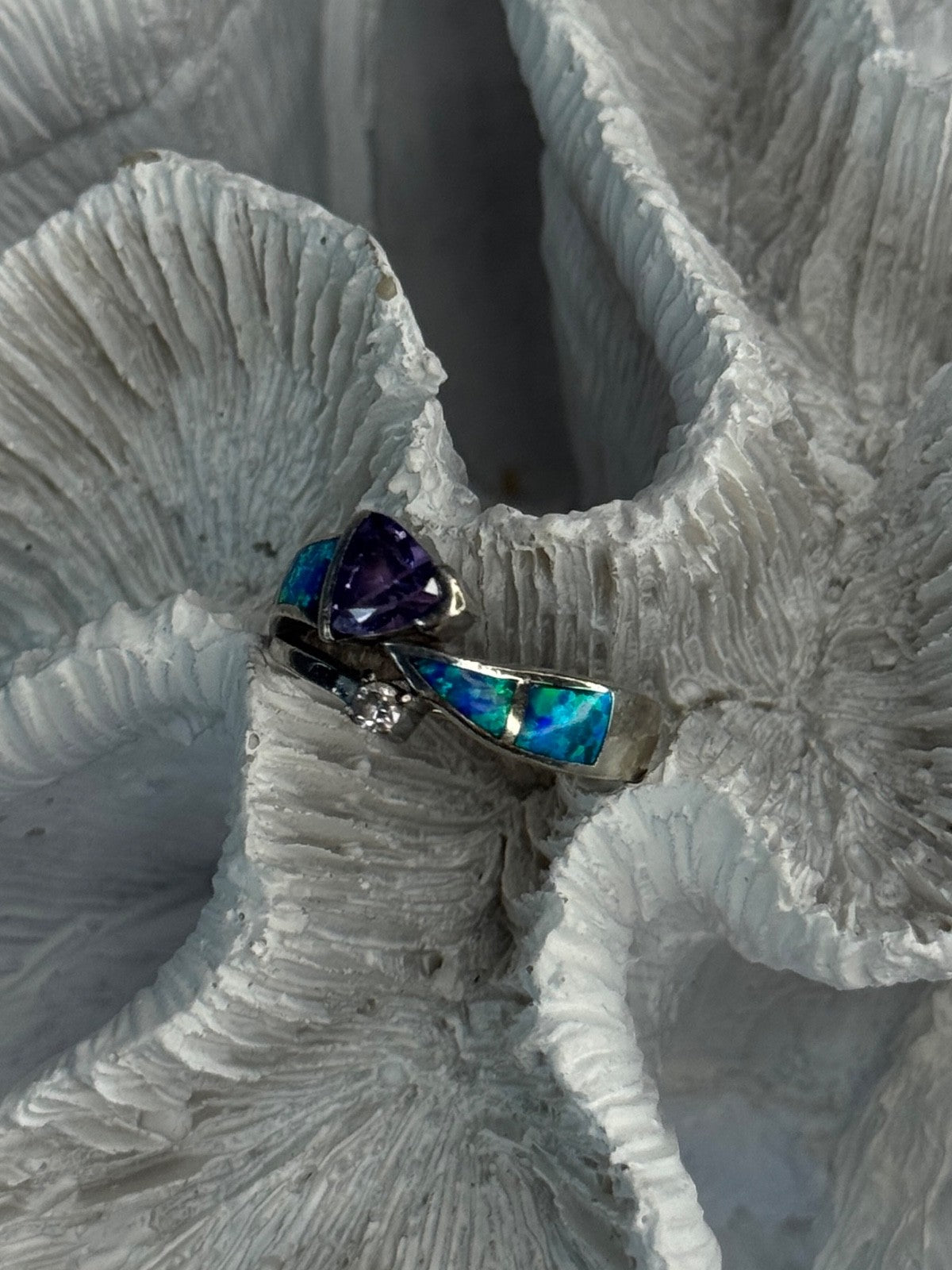 925 Sterling Silver Amethyst & Beryl & Opal Ring Size 7