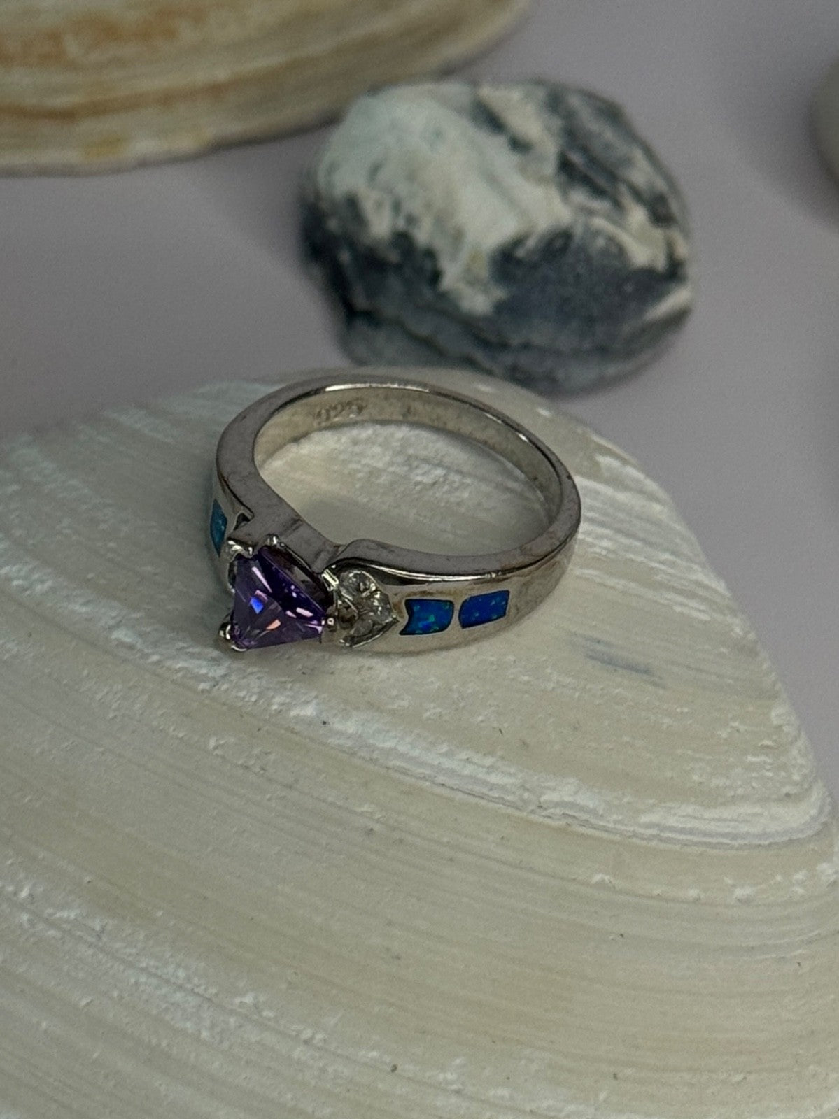 925 Sterling Silver Amethyst & Beryl & Opal Ring Size 6.5
