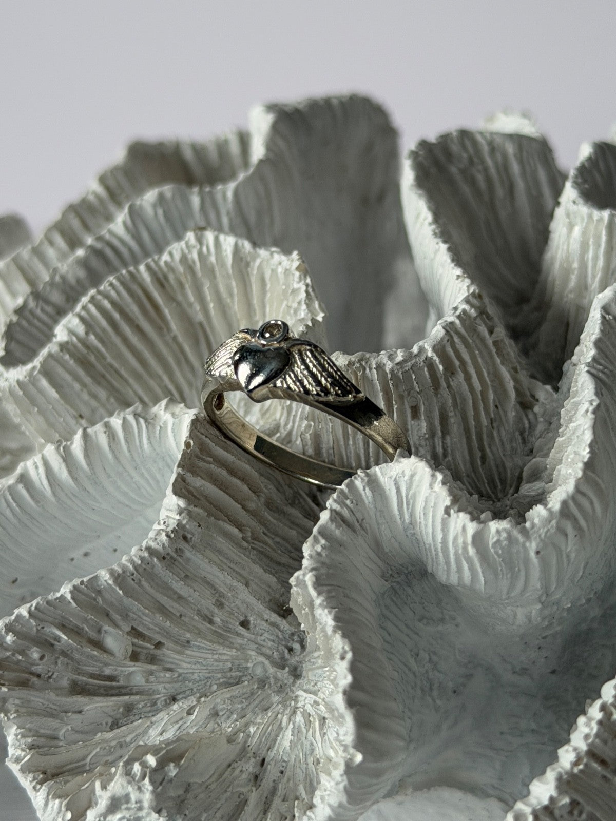 925 Sterling Silver Heart Wings Colorless Topaz Ring Size 9