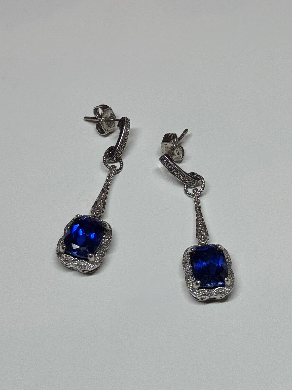 925 Sterling Silver Sapphire Earrings Length 1.5 Inch
