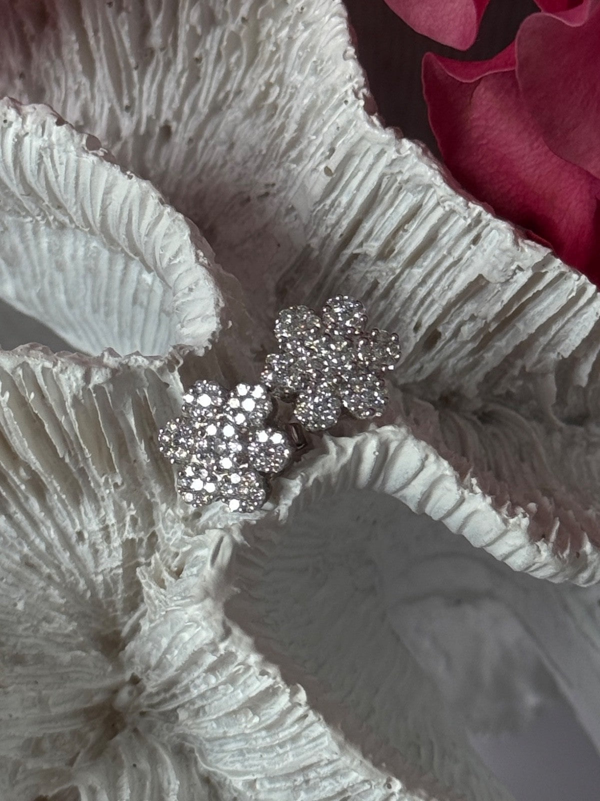 14K White Gold Diamond Flower Earrings