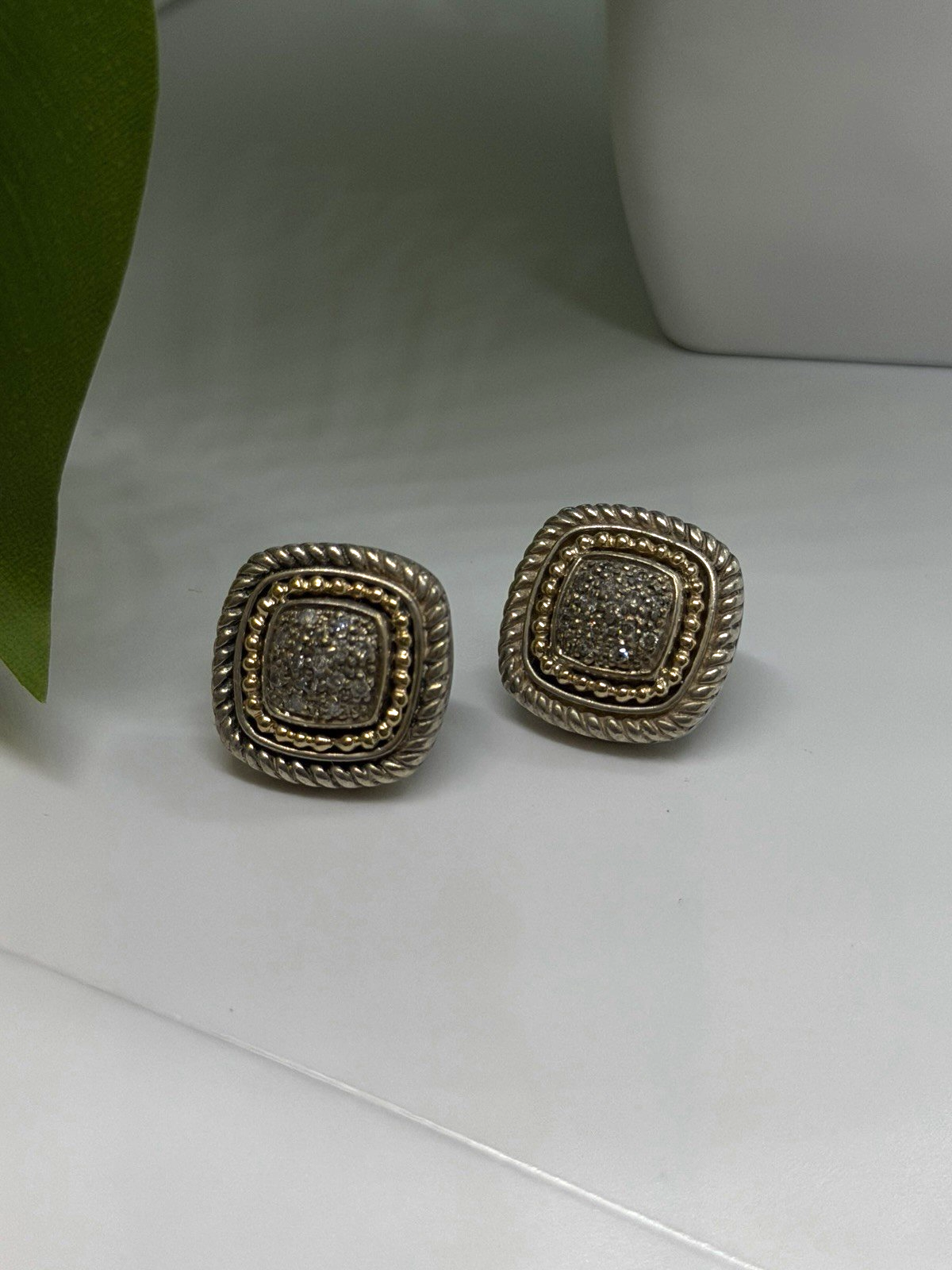 Vintage 14K yellow Gold & 925 Sterling Silver White Colorless Sapphire Earrings