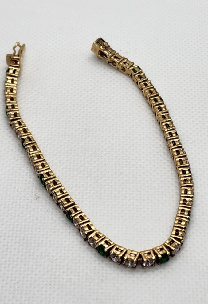 925 Sterling Silver Vermeil Emerald AND Quartz Bracelet Size 7 IN
