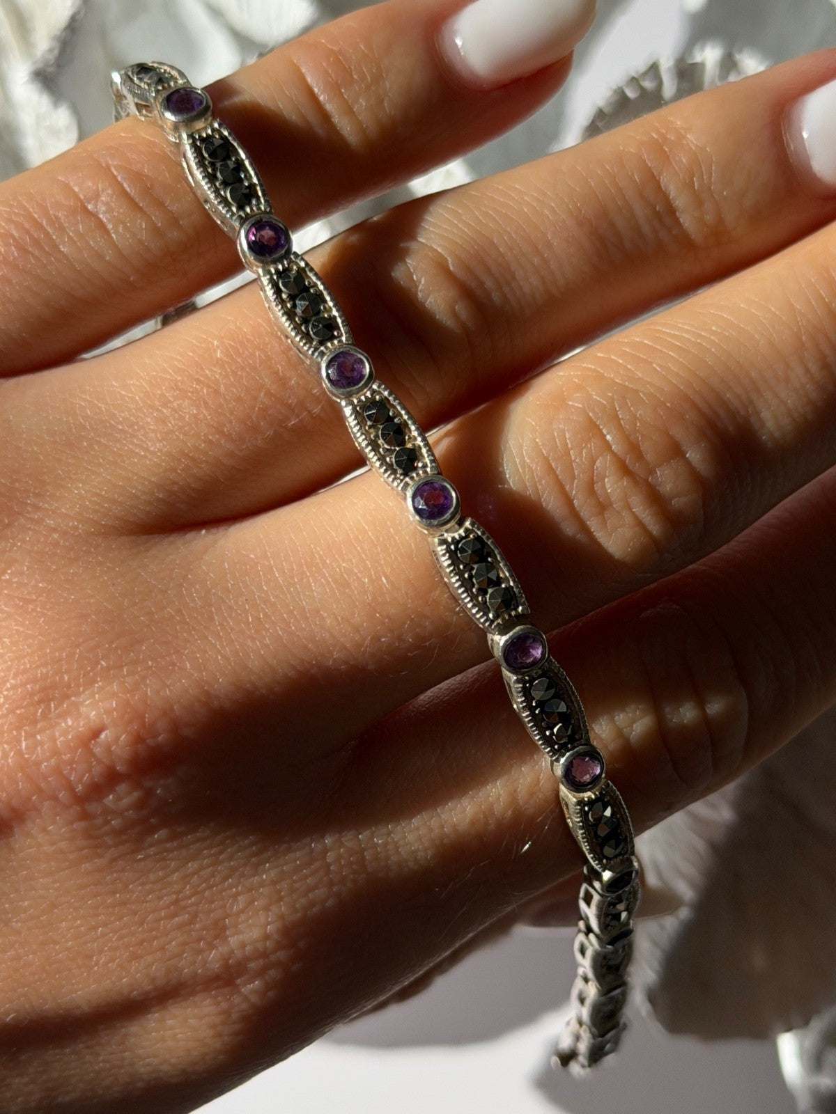 Vintage 925 Sterling Silver Amethyst & Marcasite Bracelet