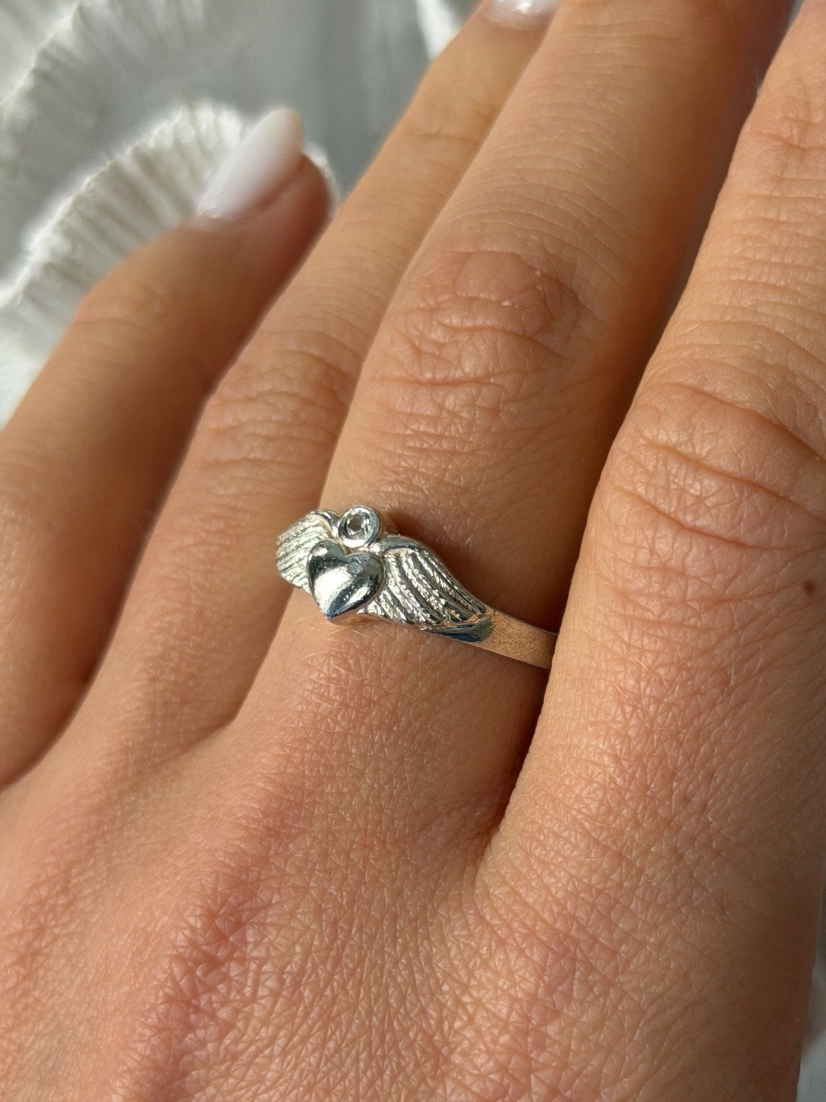 925 Sterling Silver Heart Wings Colorless Topaz Ring Size 9