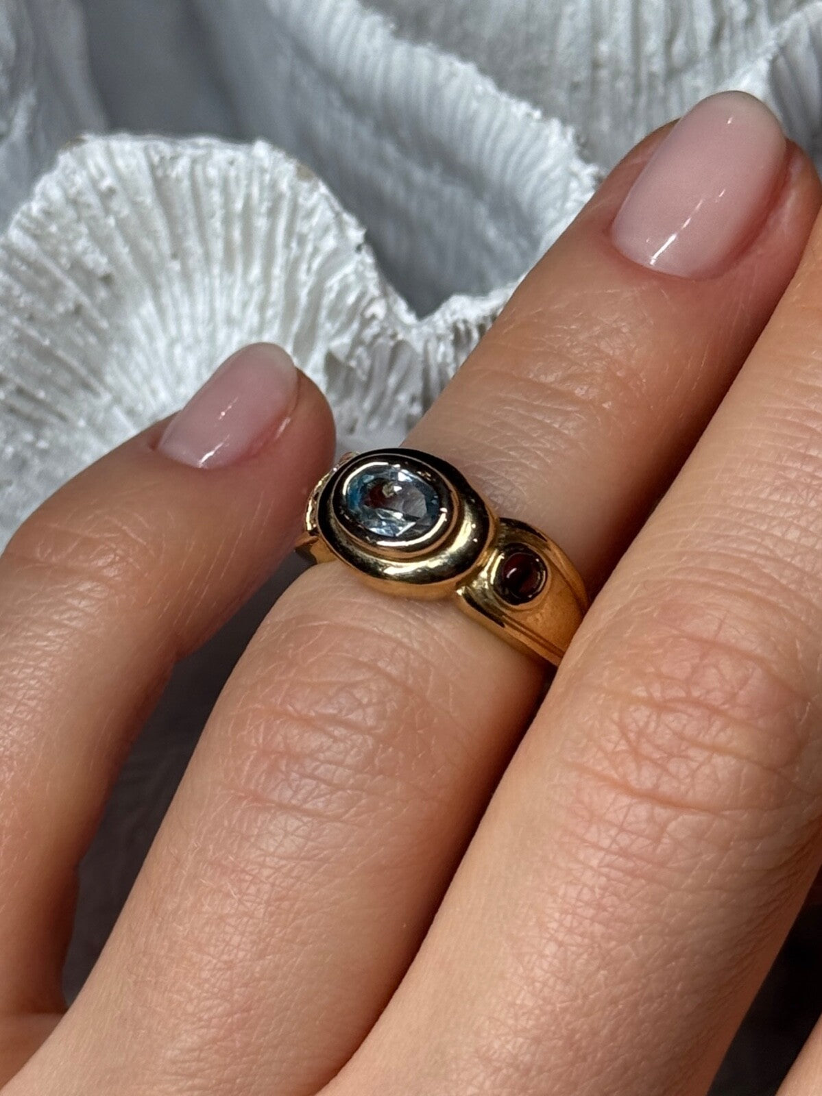 925 Sterling Silver Gold Plated Aquamarine, Garnet & CZ Ring Size 4