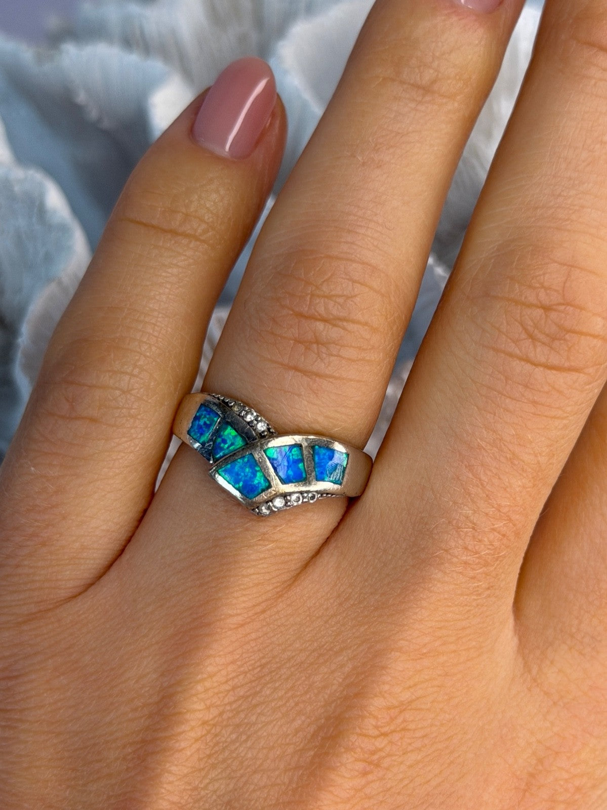 925 Sterling Silver Opal & Beryl Ring Size 7