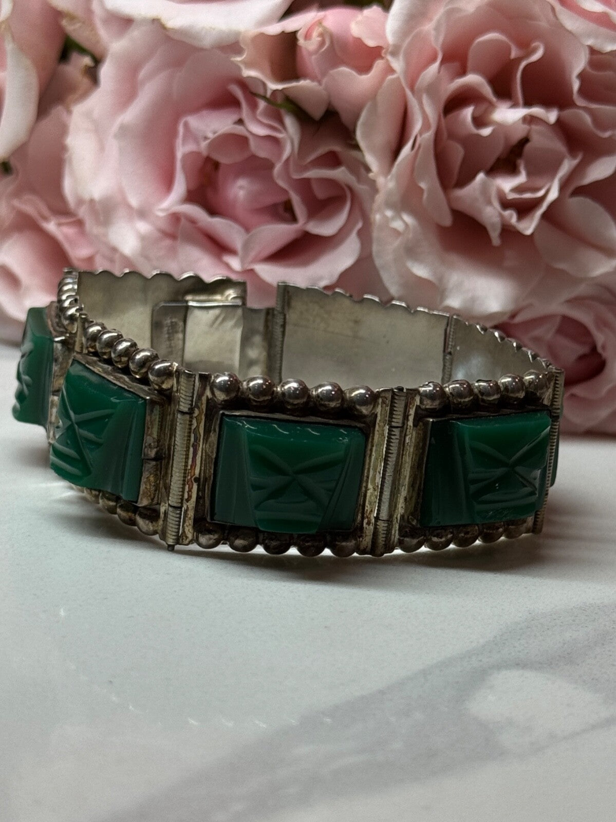 Vintage 925 Sterling Silver Green Jade Bracelet Length 7 in