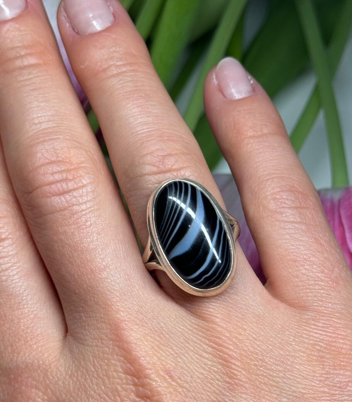 925 Sterling Silver Agate Ring Size 7