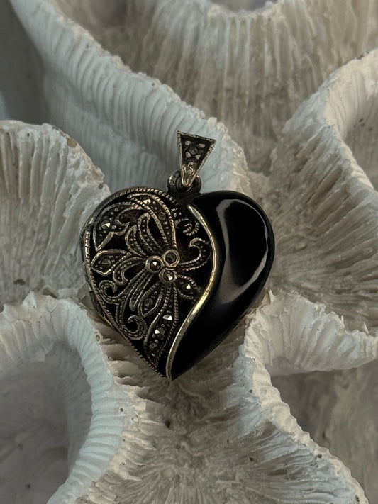Vintage 925 Sterling Silver Onyx & Marcasite Heart Locket Pendant