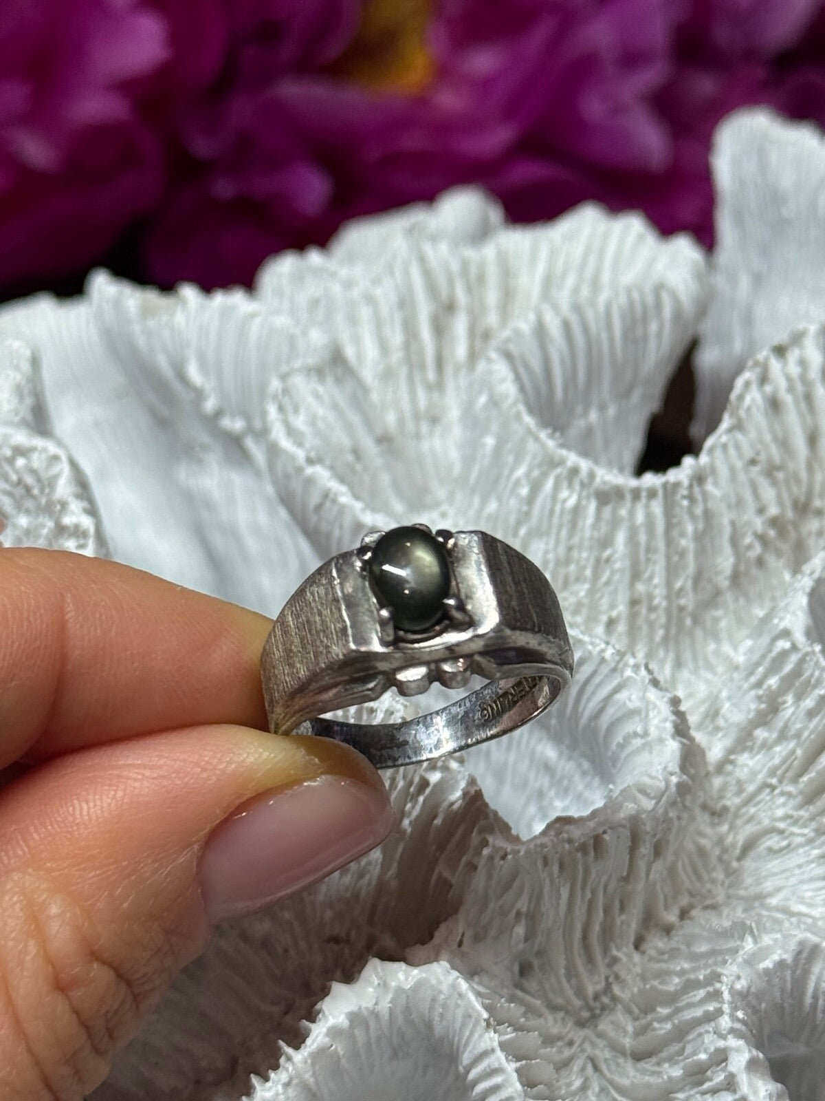 Men'S 925 Sterling Silver Cat'S EYE Tourmaline Ring Size 9