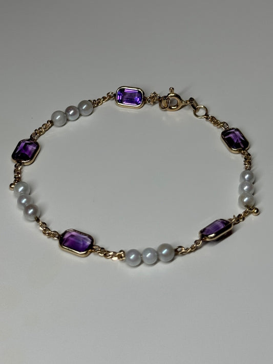 14K Yellow Gold Amethyst & Pearls Bracelet Length 7