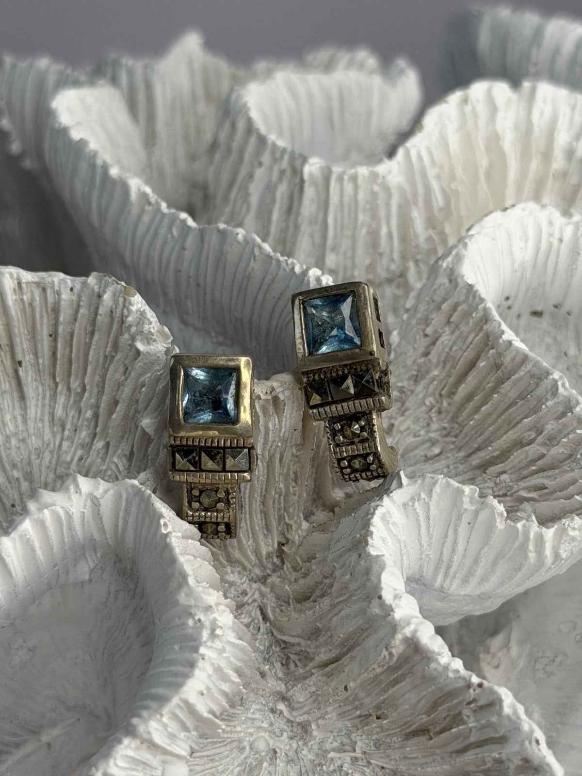 Vintage 925 Sterling Silver Blue Topaz & Marcasite Earrings