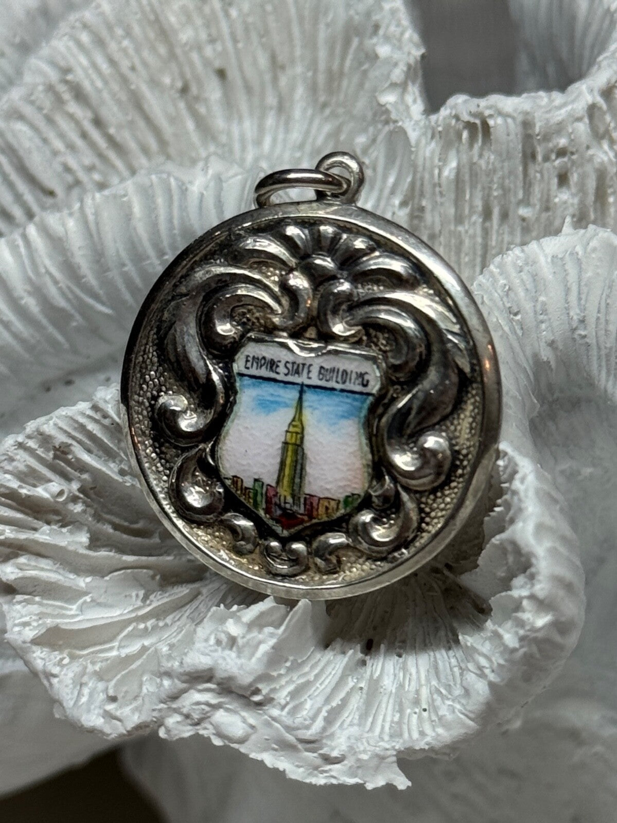 925 Sterling Silver Empire State Building Enamel Pendant Lenth 1.4 Inch