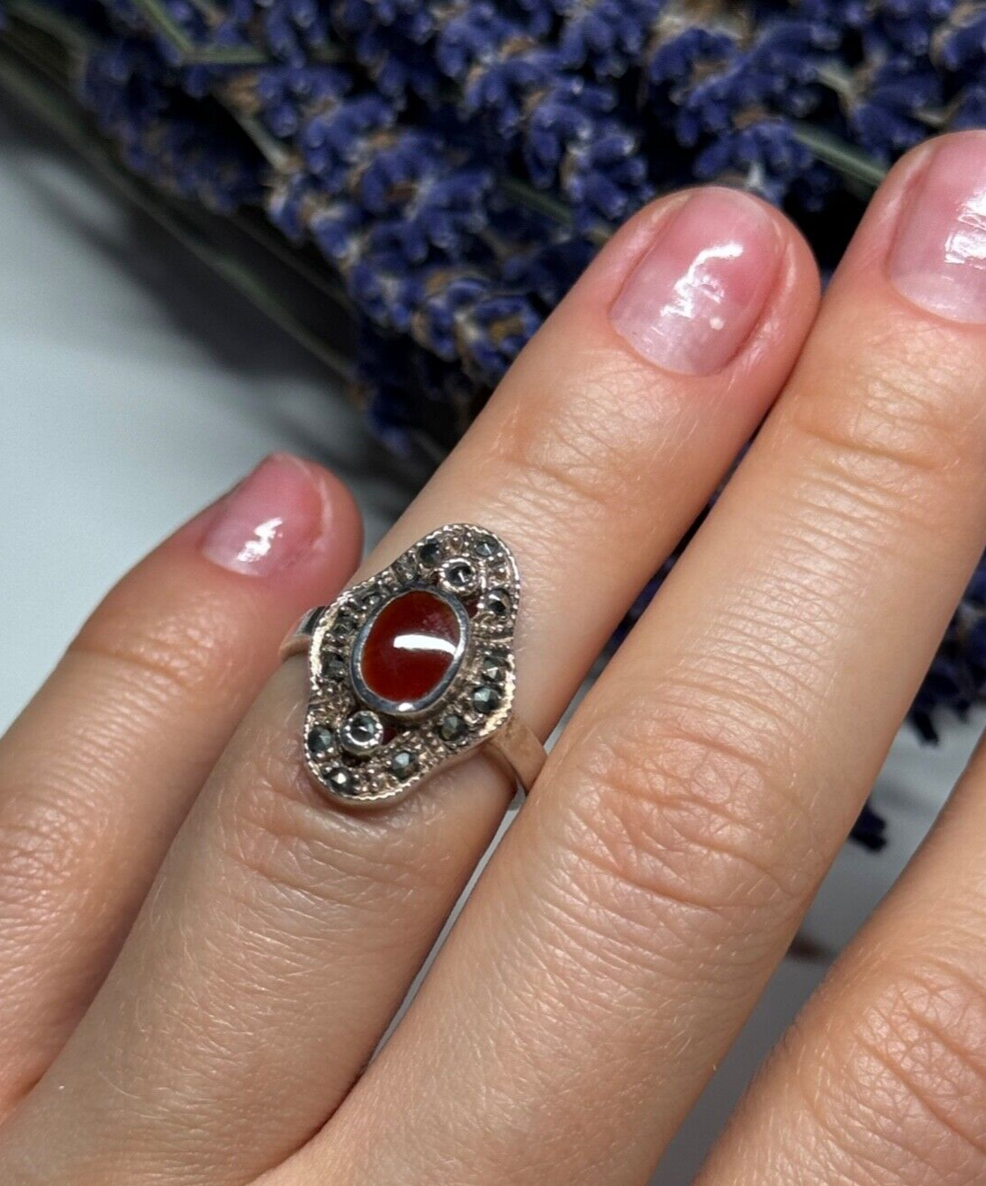 925 Sterling Silver Amber & Marcasite Ring Size 5