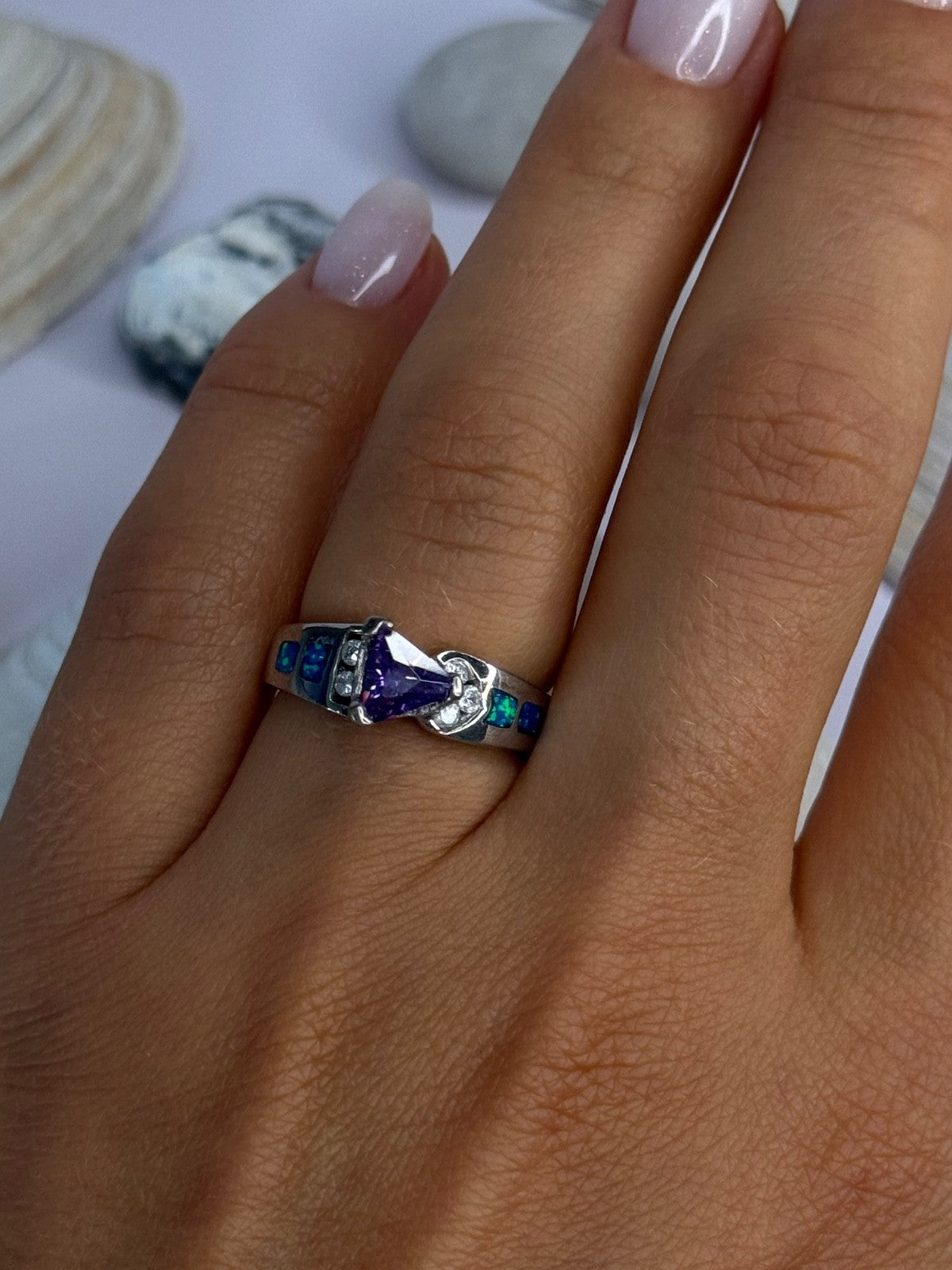 925 Sterling Silver Amethyst & Beryl & Opal Ring Size 6.5