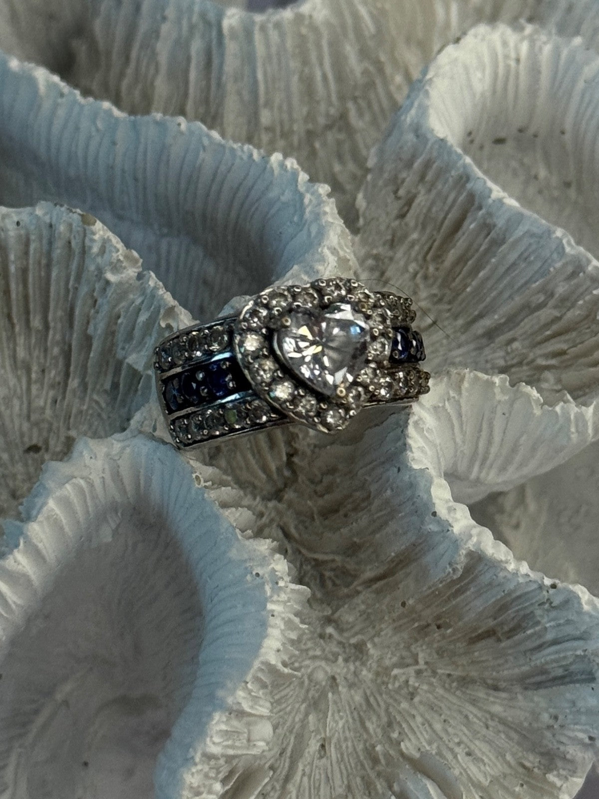 925 Sterling Silver Beryl & Sapphire Heart Ring Size 6