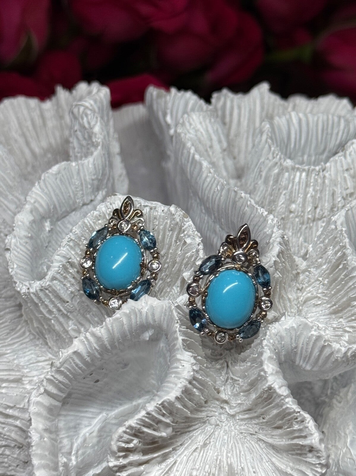 925 Sterling Silver Turquoise, Aquamarine & Beryl Earrings Length 1 Inch
