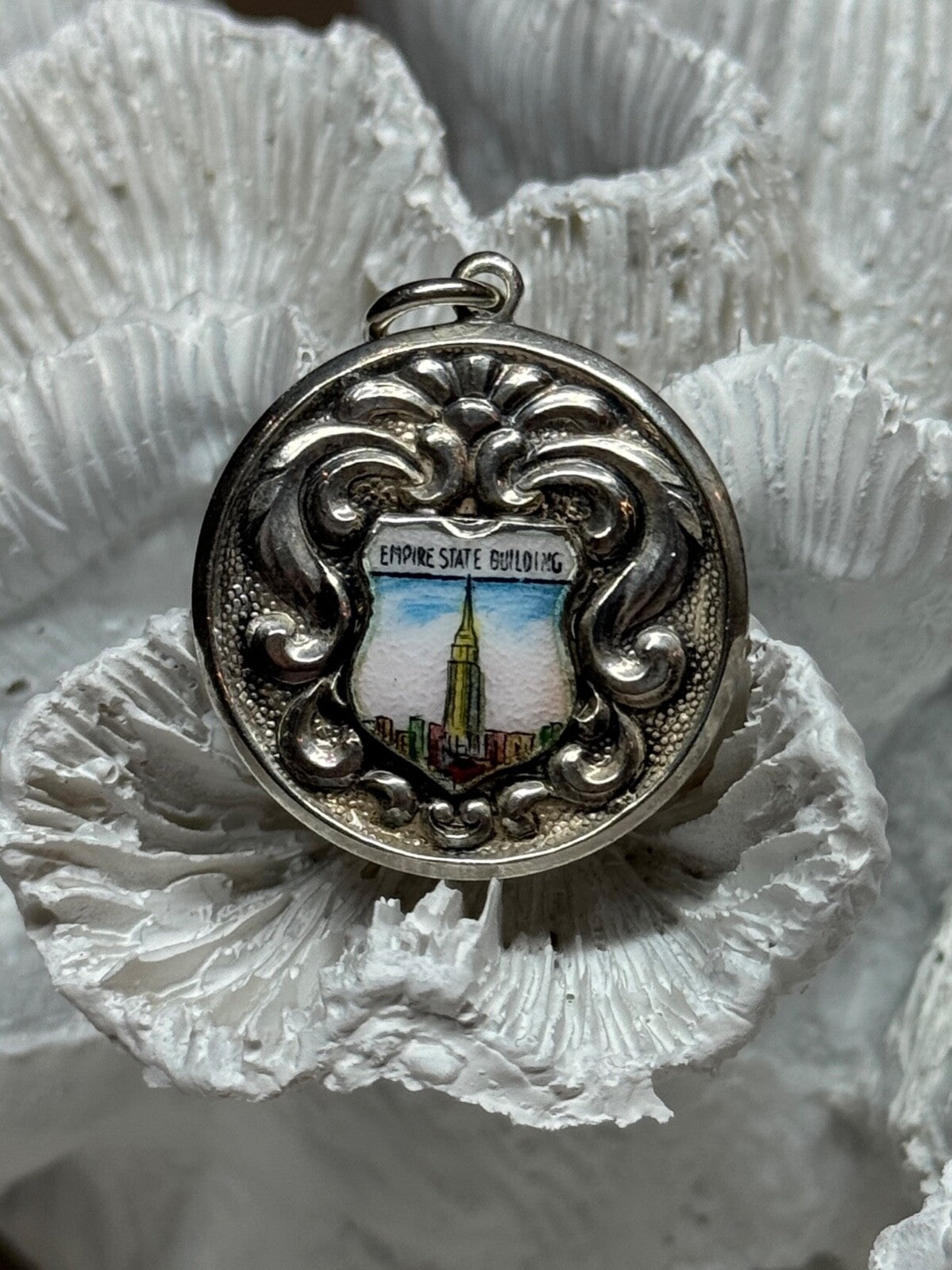 925 Sterling Silver Empire State Building Enamel Pendant Lenth 1.4 Inch