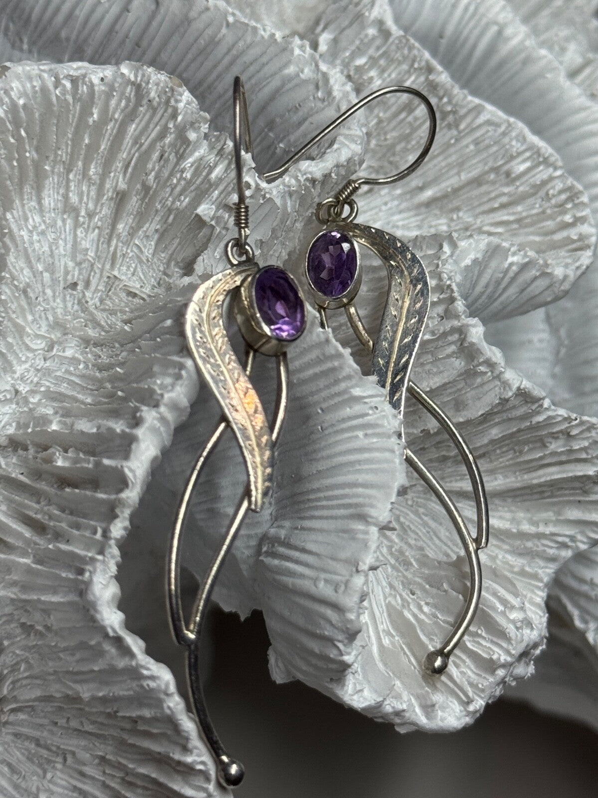 925 Sterling Silver Amethyst Earrings Length 2.6 Inch