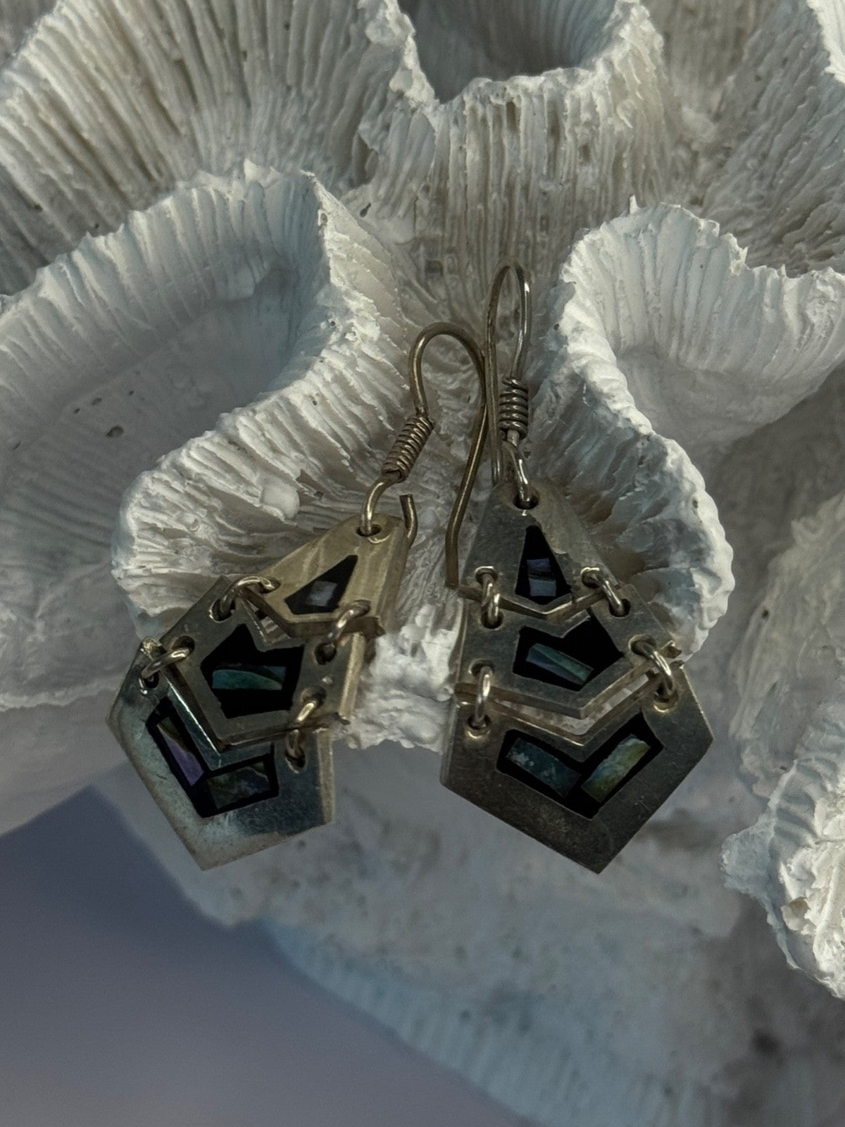Vintage 925 Sterling Silver Onyx & Abalone Earrings Length 1.90 Inch