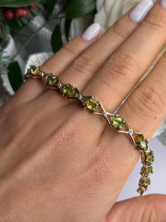 925 Sterling Silver Gold Plated Peridot & Beryl Bracelet Size 7.5