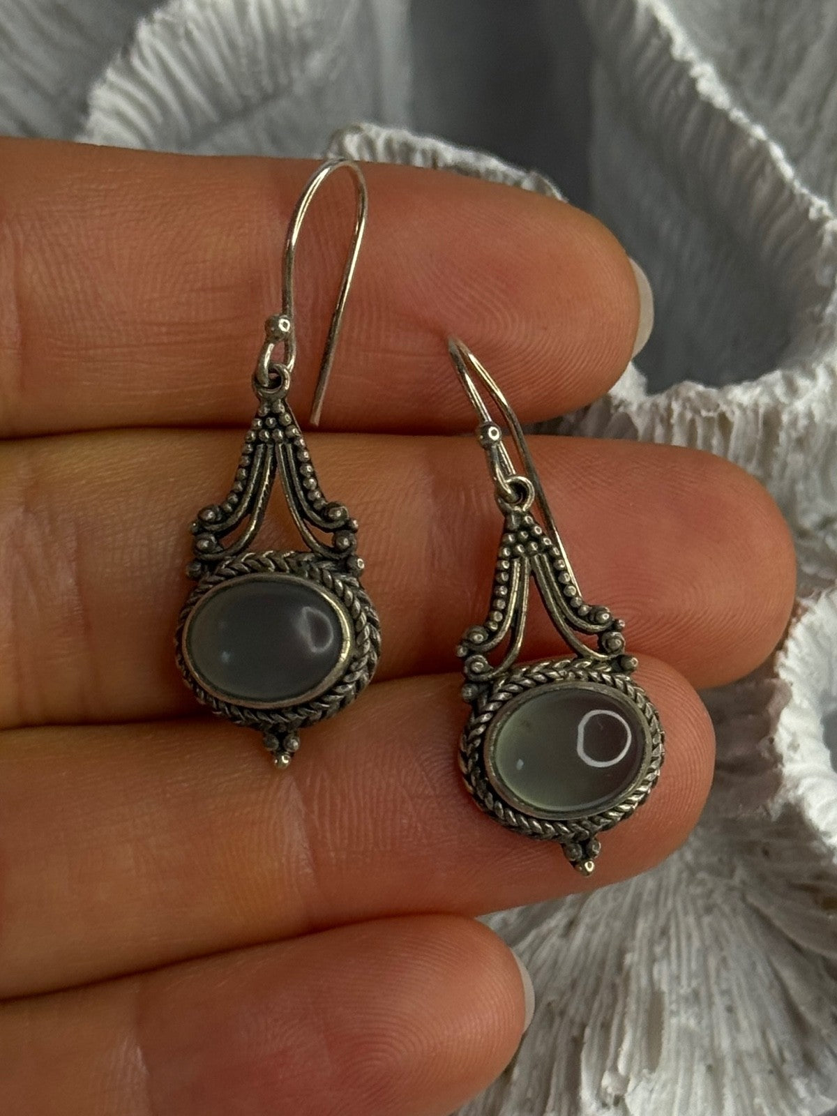 Vintage 925 Sterling Silver Jade Earrings Length 1.40 Inch