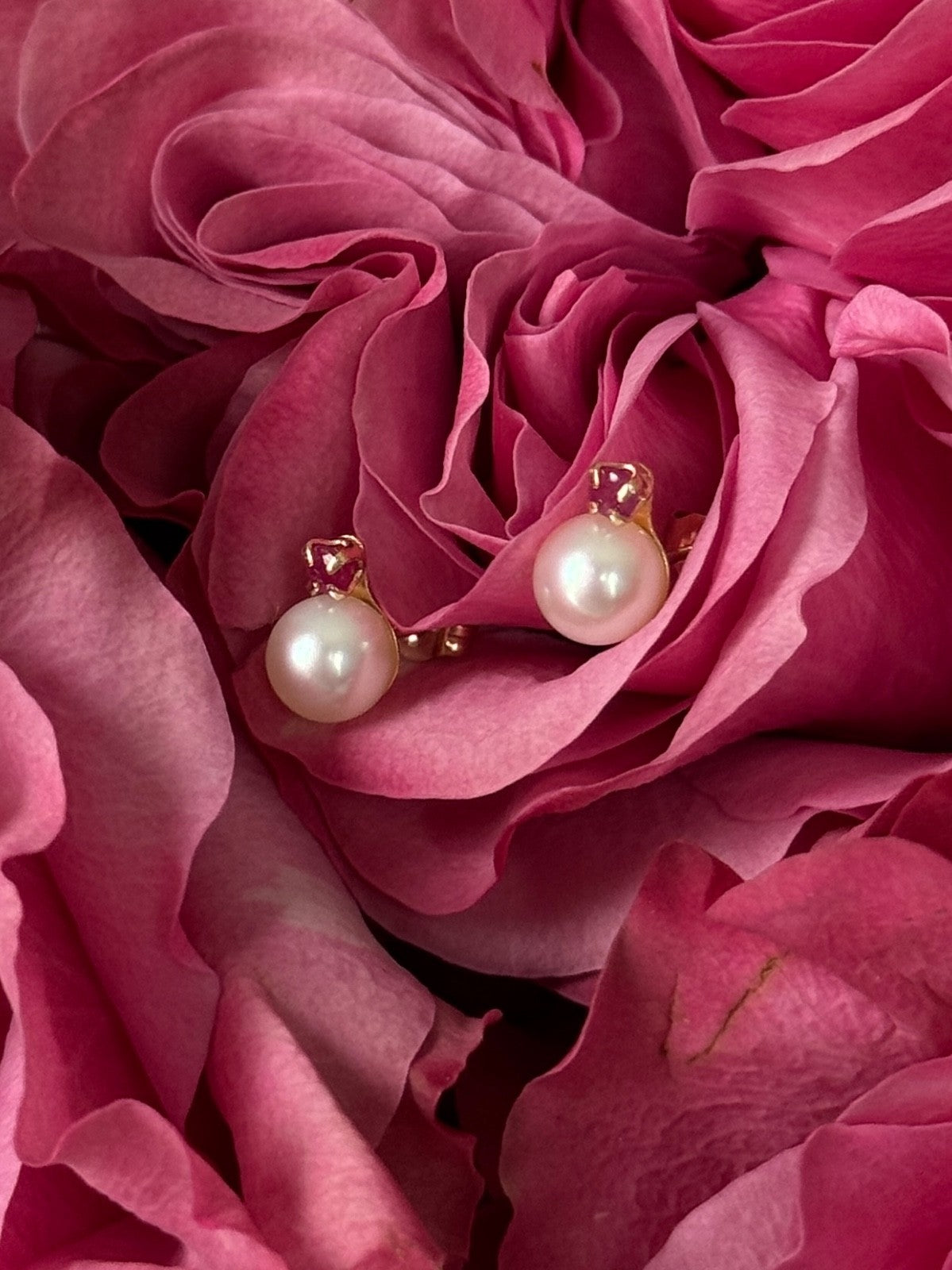 14K Yellow Gold Pearl & Ruby Stud Earrings