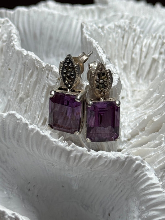 925 Sterling Silver Tourmaline & Marcasite Earrings Length 0.7 Inch