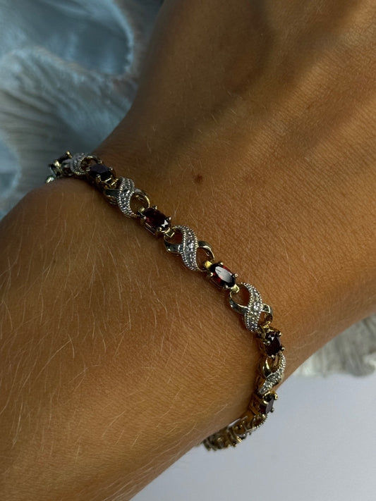 925 Sterling Silver Gold Plated Garnet Bracelet Length 7.5