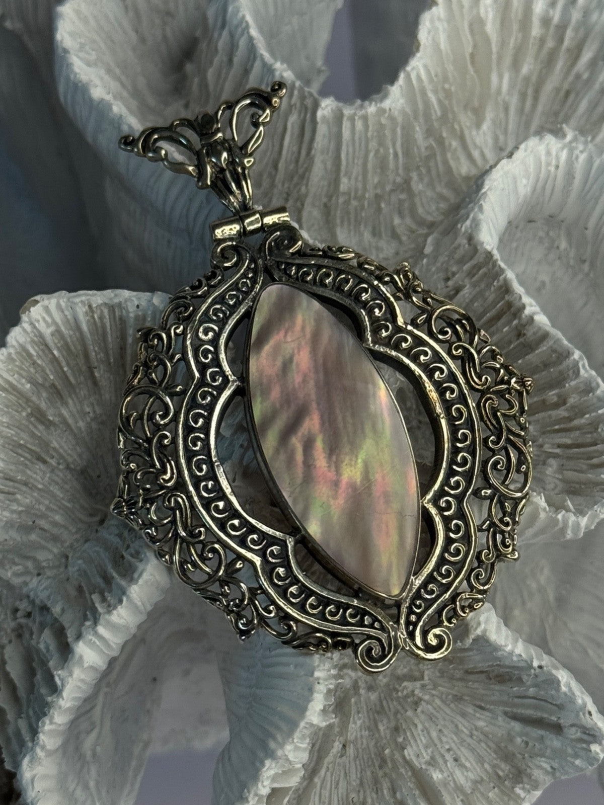 Vintage 925 Sterling Silver Abalone Pendant Length 2.60 Inch