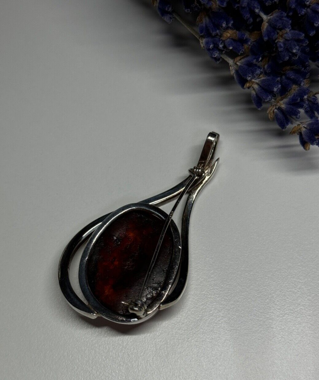 925 Sterling Silver Amber & CZ Brooch