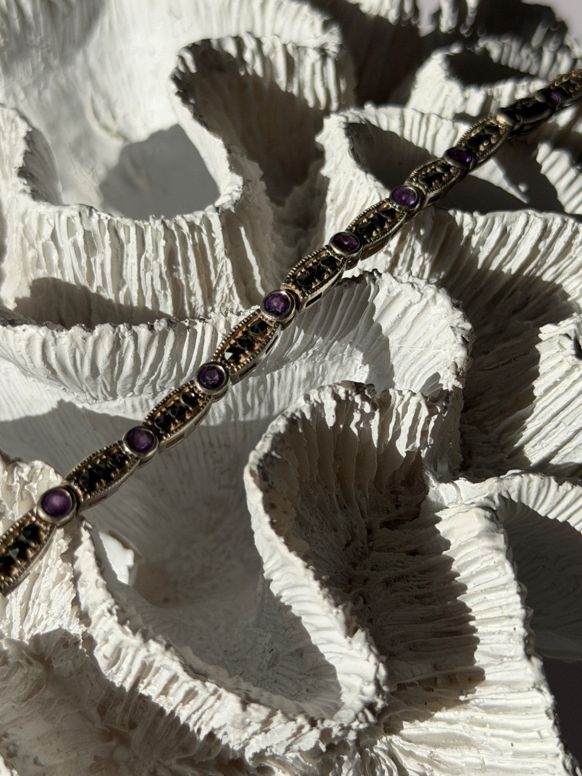 Vintage 925 Sterling Silver Amethyst & Marcasite Bracelet