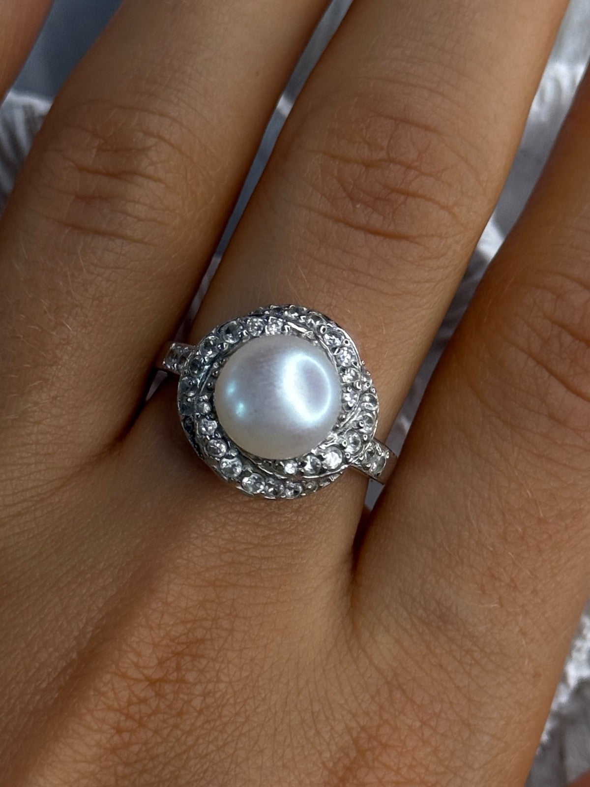 925 Sterling Silver Pearl & Beryl Ring Size 9