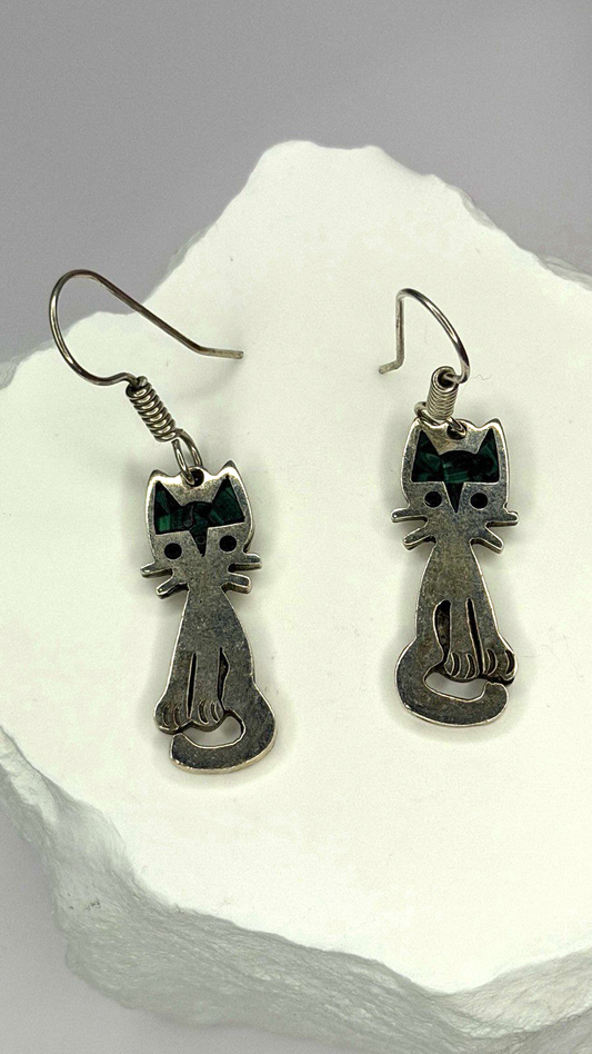 Vintage Taxco 925 Sterling Silver Green Malachite Cat Earrings