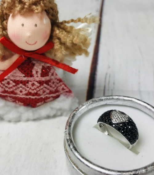 925 Sterling Silver Black Spinel & Goshenite Ring Size 6.5
