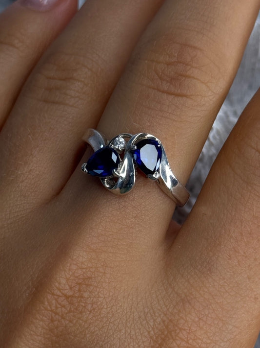 925 Sterling Silver Sapphire & Cz Ring Size 9