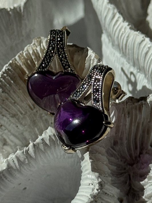 925 Sterling Silver Amethyst Heart & Marcasite Earrings Length 0.90 Inch
