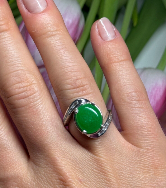 D'Joy 925 Sterling Silver Green Nephrite & White Beryl Ring Size 6.5
