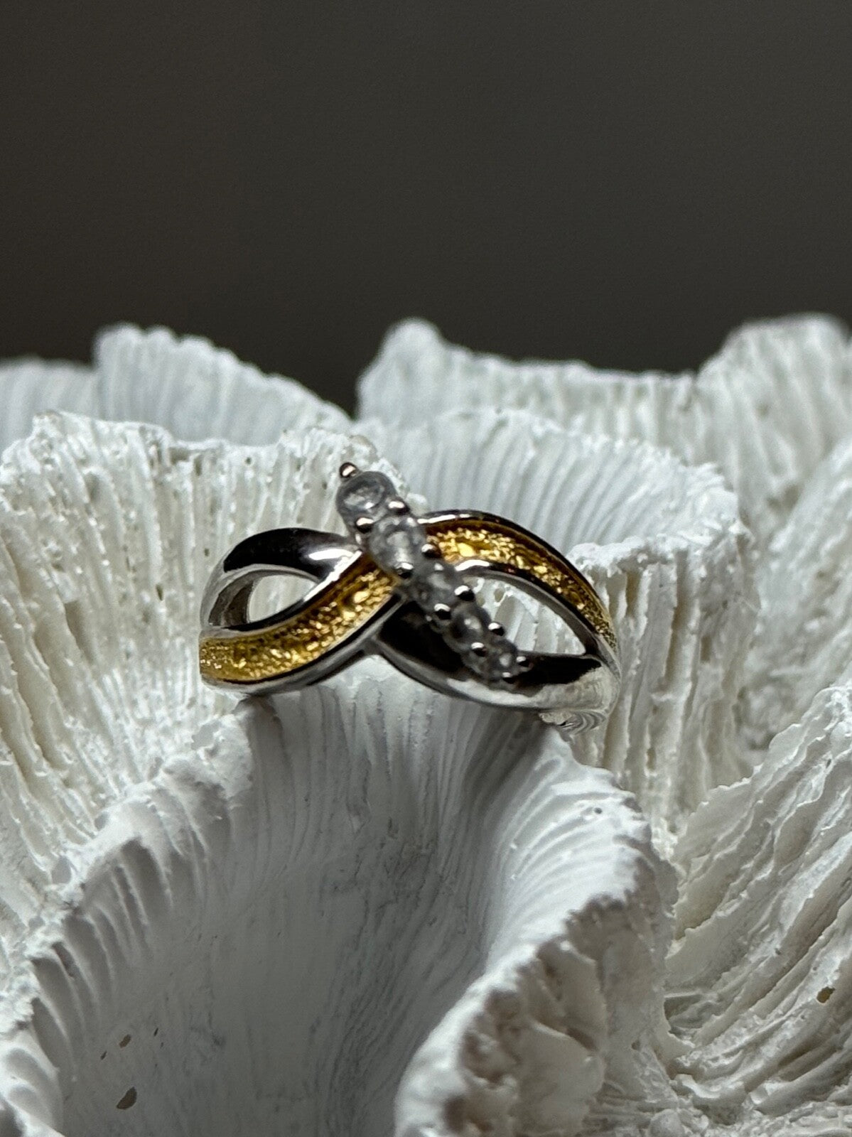 925 Sterling Silver Gold Plated Part White Beryl Ring Size 6.5