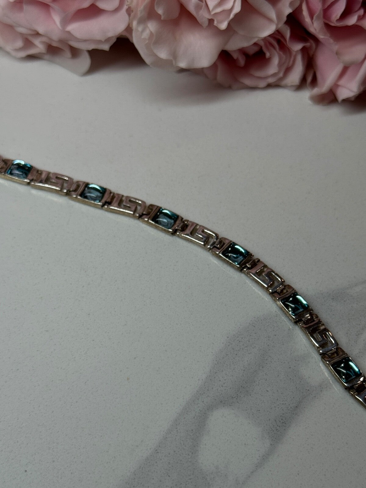 925 Sterling Silver Bracelet Aquamarine Length 7.5 in