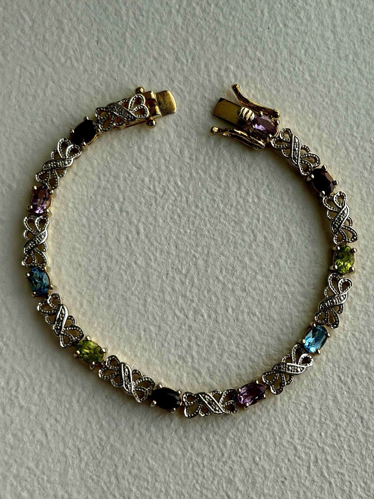 925 Sterling Silver Gold Plated Garnet Amethyst Peridot Topaz Bracelet 7.5