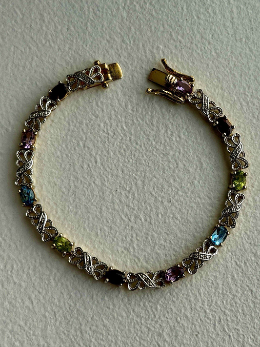 925 Sterling Silver Gold Plated Garnet Amethyst Peridot Topaz Bracelet 7.5
