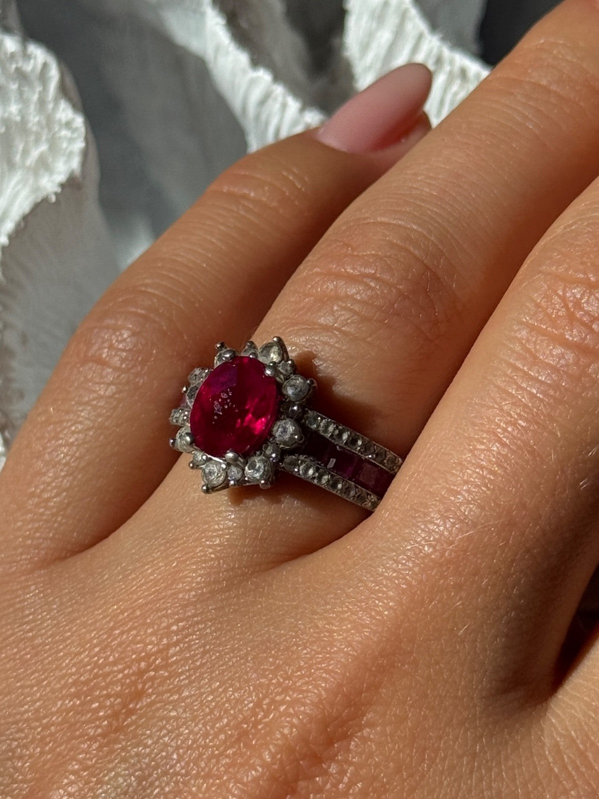 925 Sterling Silver Ruby & Beryl Flower Ring Size 7