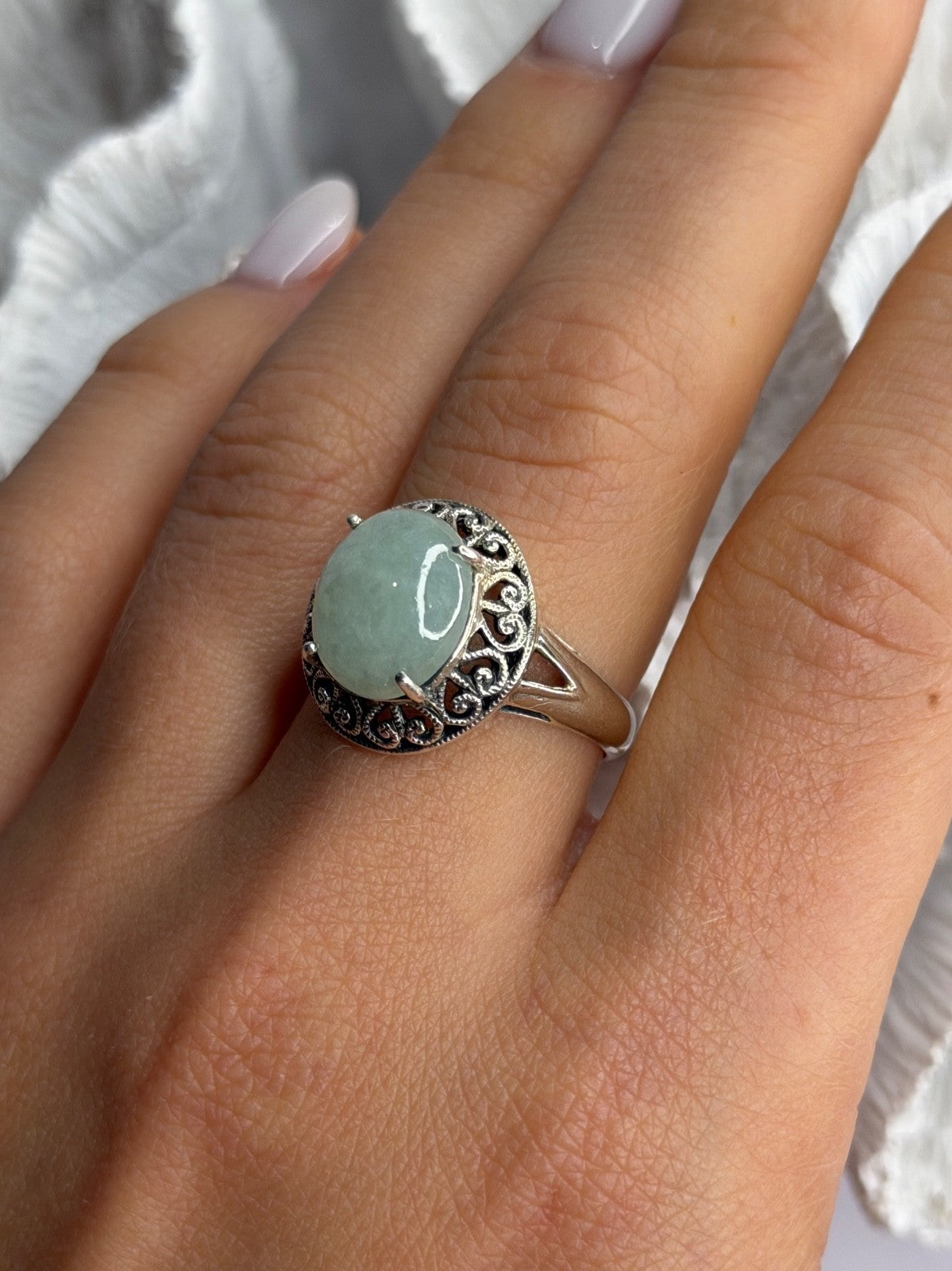 925 Sterling Silver Jadeite Ring Size 9