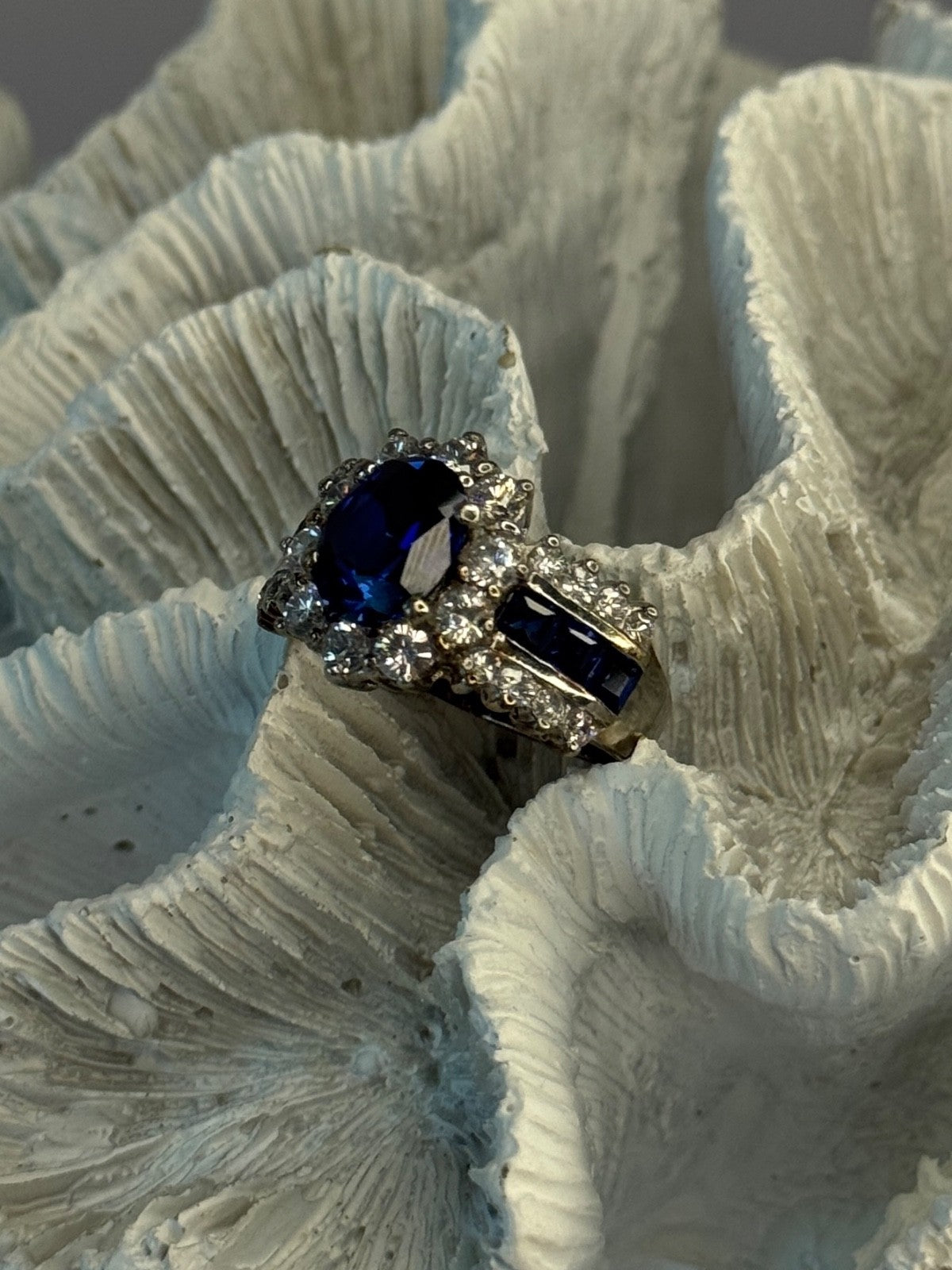 925 Sterling Silver Sapphire & Beryl Flower Ring Size 7.5