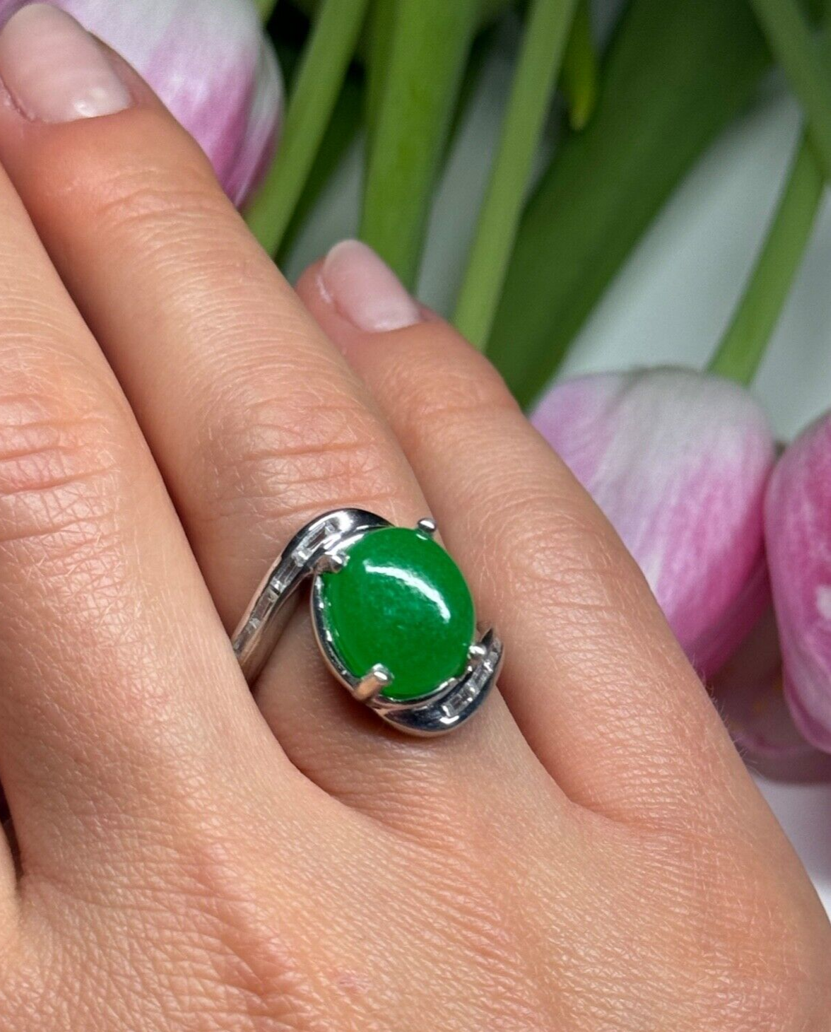 D'Joy 925 Sterling Silver Green Nephrite & White Beryl Ring Size 6.5