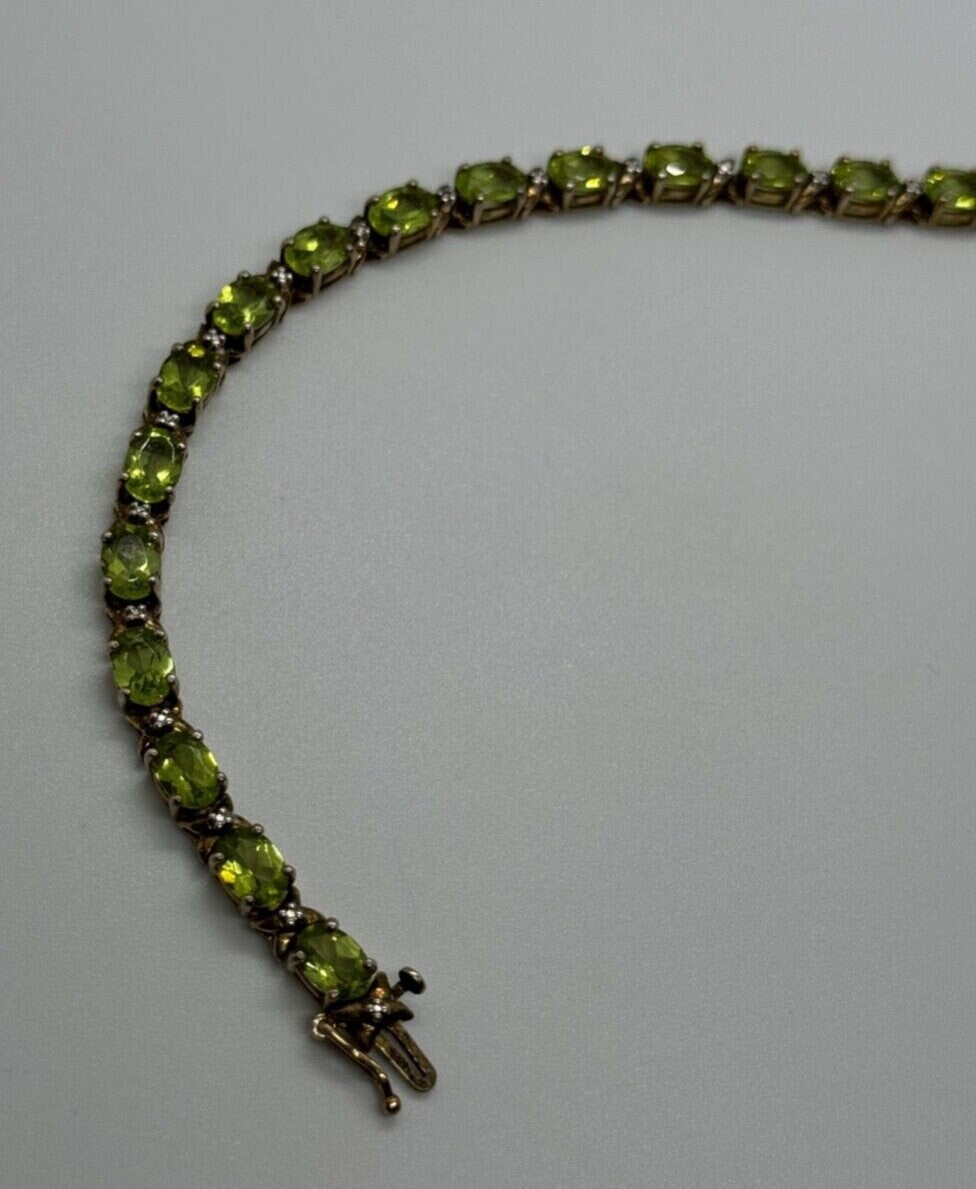 925 Sterling Silver Gold Plated Peridot & Diamonds Bracelet 7.5 in